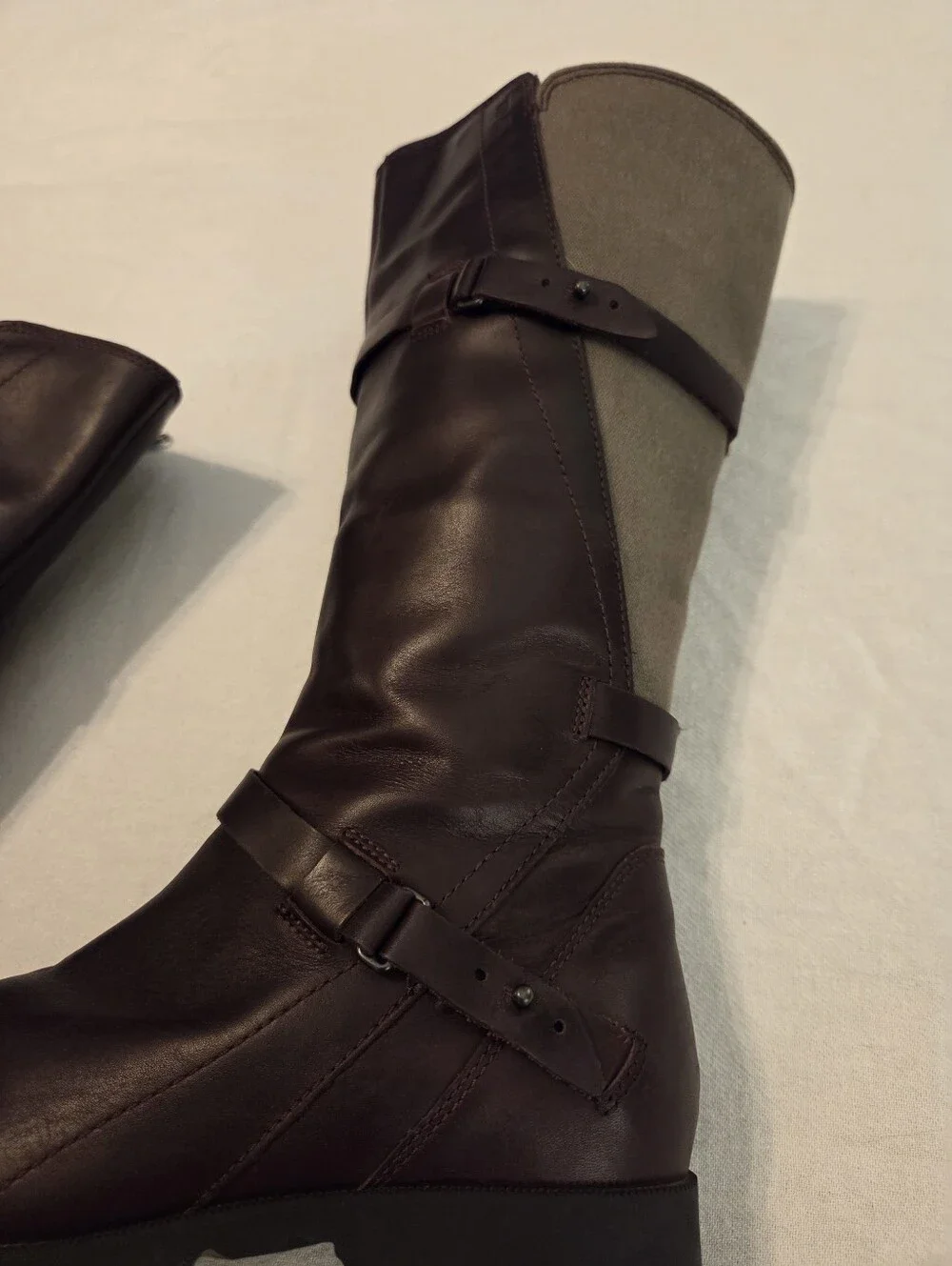 TEVA De La Vina Brown Leather Grey Canvas Tall Waterproof Gorpcore Riding Boots